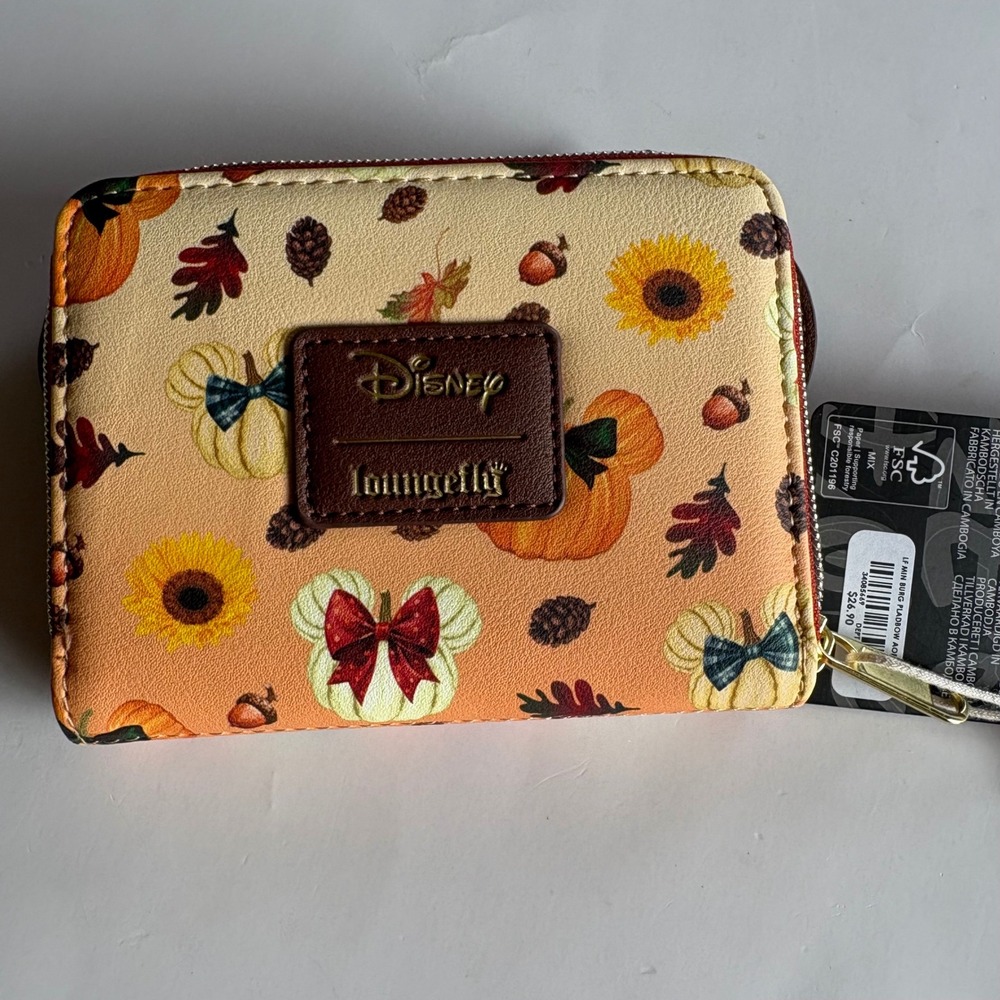Disney Loungefly Minnie Mouse Fall Pumpkin Plaid Bow Zip Around Wallet NWT - Picture 5 of 6